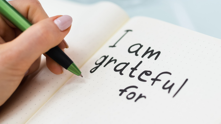 Gratitude journal entry reads, "I am grateful for ..."