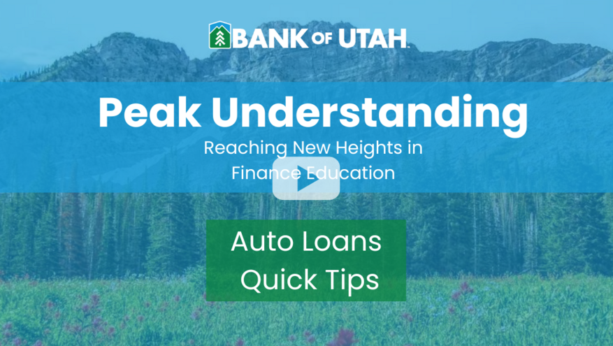 A title photo with the words "Peak Understanding Auto Loans Quick Tips"