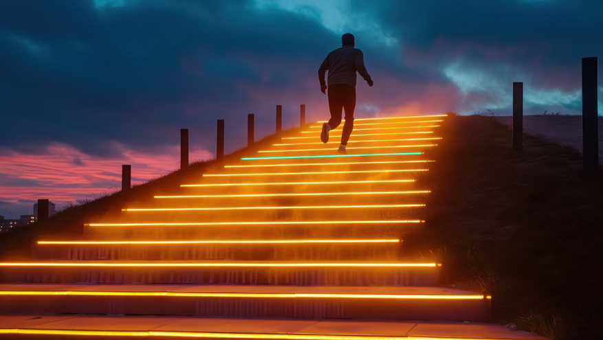 A runner runs up a set of lit-up stairs