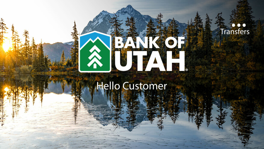 An image of a lake, a copy of the image featured on the mobile app, features the words Hello Customer