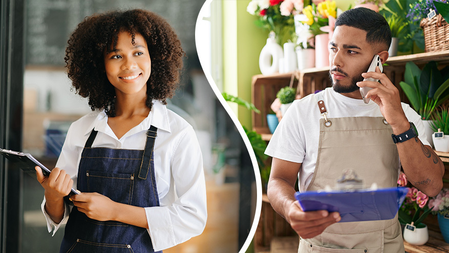 A stitched together photo of a happy businesswoman and a concerned businessman on a cellphone