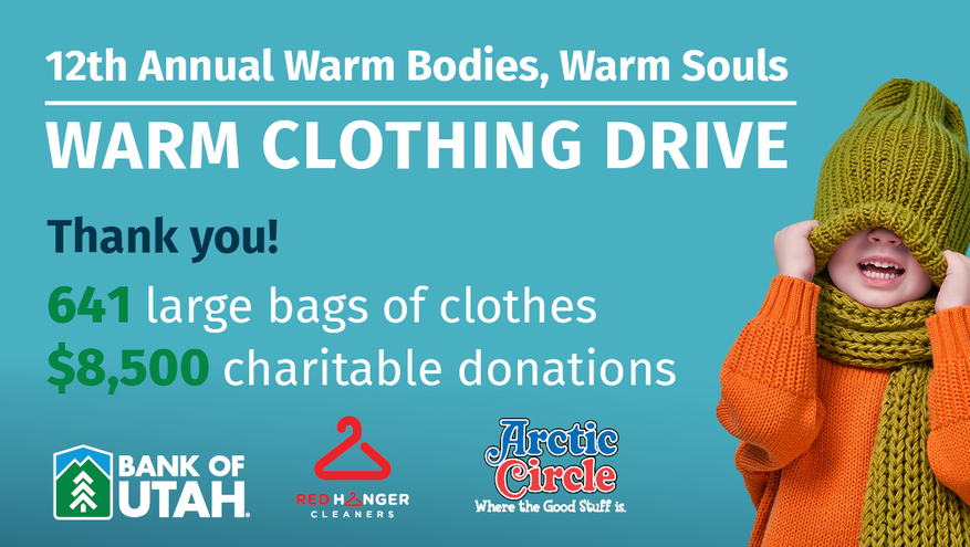 Text: Thank you! 641 large bags of clothes and $8,500 charitable donations