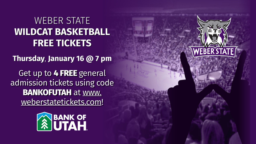 Advertisement for Weber State Basketball Tickets, featuring event details: January 16, 2025 and an offer for up to 4 free general admission tickets, with a purple background, silhouette of fans, and Weber State logo