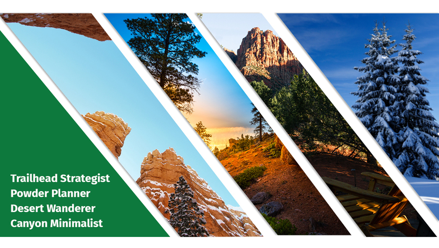 A graphic with Utah landscapes and text asking, "What Kind of Saver Are You?" with saver types listed: Trailhead Strategist, Powder Planner, Desert Wanderer, Canyon Minimalist.