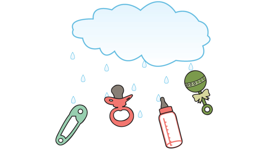 Vector image of cloud raining down on baby bottle, pacifier, rattle and safety pin.
