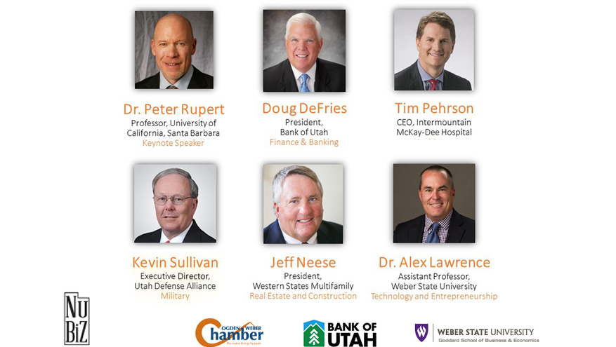 Photo of six men speaking at the NUBiz Northern Utah economic forecast. 