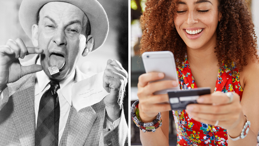 Black and white image of a frustrated man with a stamp on his tongue paying a bill next to a picture of a happy young woman holding a phone and a credit card