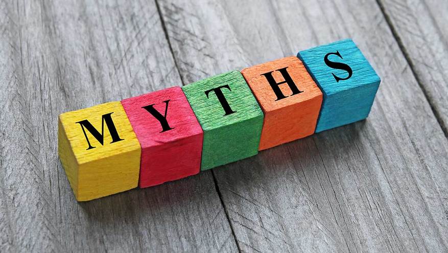 Colorful wooden blocks spell out the word myths 